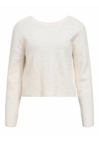 Ljus beige stickad tröja med ribbat mönster, bred halsringning och långa ärmar; kort design med en subtil lyster.