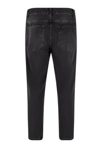 Zwarte denim jeans met een tapered fit, voorzien van twee achterzakken, gestikte details en een gladde, iets gestructureerde oppervlak.