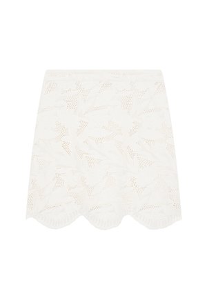 Weißer Spitzenrock mit einem floralen Ausschnittdesign, gewelltem Saum und strukturiertem Stoff, der ein zartes und filigranes Aussehen bietet.