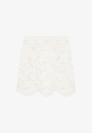 Weißer Spitzenrock mit einem floralen Ausschnittdesign, gewelltem Saum und strukturiertem Stoff, der ein zartes und filigranes Aussehen bietet.