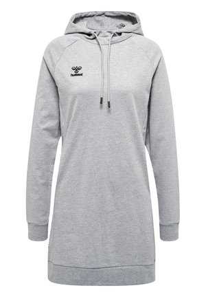 Grijze hoodie jurk gemaakt van zacht materiaal, met een trekkoordcapuchon, lange mouwen en een logo op de borst. Casual, losse pasvorm.