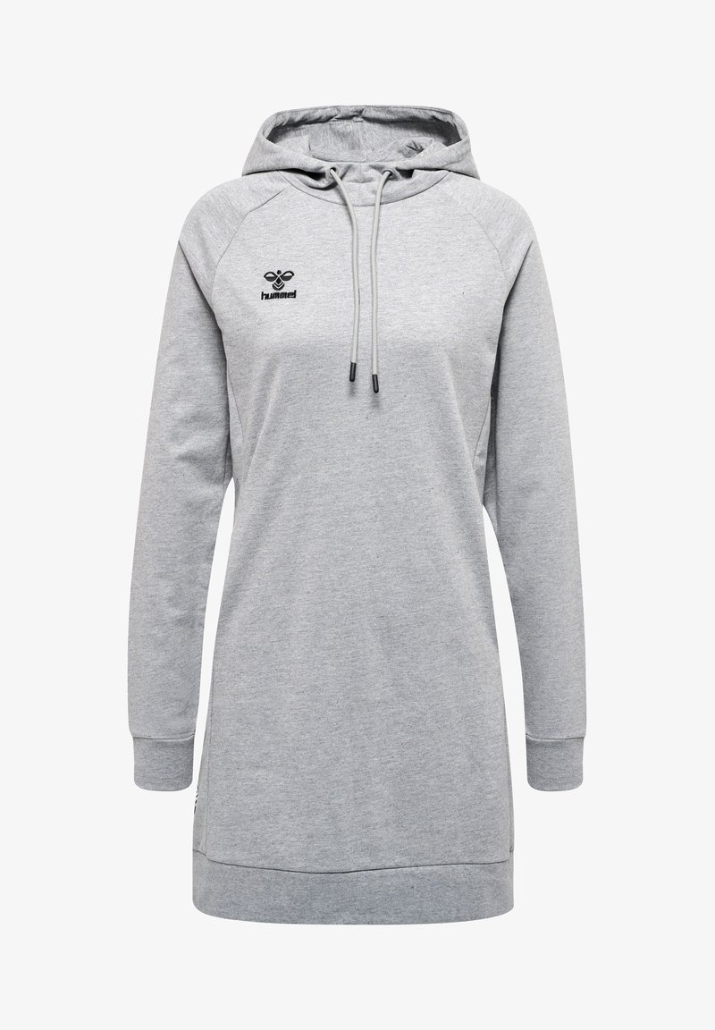 Grau Hoodie-Kleid aus weichem Stoff, mit Kordelzugkapuze, langen Ärmeln und einem Logo auf der Brust. Lässige, entspannte Passform.