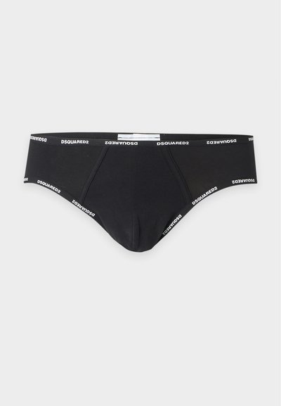 Slip noir pour homme avec taille et ouvertures de jambes élastiques brandé avec un texte blanc "DSQUARED2", affiché sur un fond clair uni.