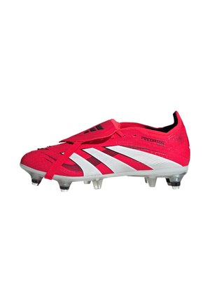 Predator soccer cleat features a bright pink mesh upper, black detailing, white stripes, and a lightweight sole with molded studs.