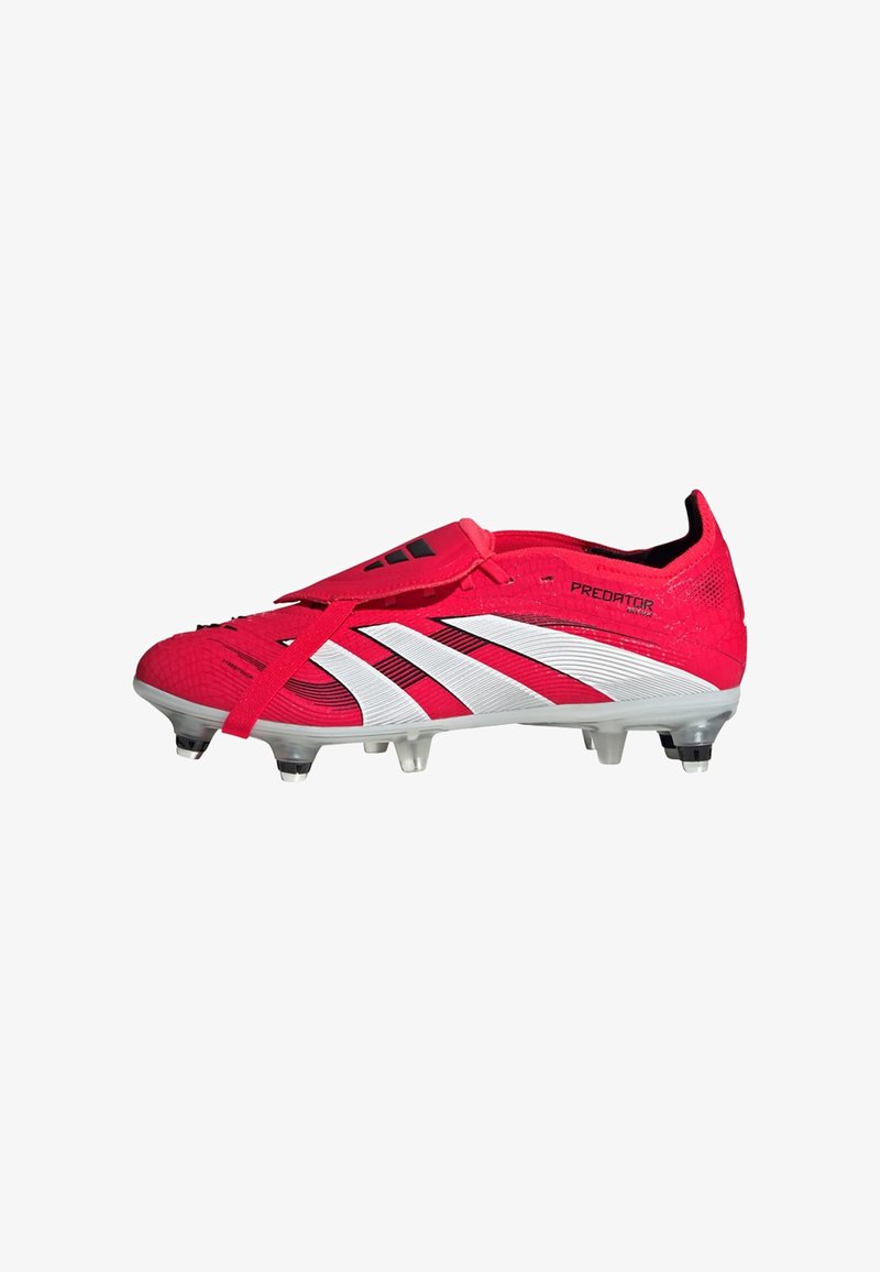 Predator soccer cleat features a bright pink mesh upper, black detailing, white stripes, and a lightweight sole with molded studs.