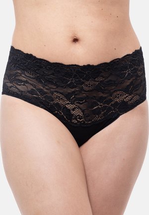 Schwarze Spitzen-Hipster-Slips mit einem breiten, floralen Spitzenbund. Der Stoff wirkt glatt mit einer weichen Textur und einem semi-transparenten Design.