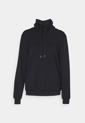 Fekete kapucnis pulcsi magas gallérral, hosszú ujjal és húzózsinórral. Puha tapintású, bordás mandzsettákkal és kényelmes fazonnal rendelkezik. Nincs rajta minta vagy grafika.