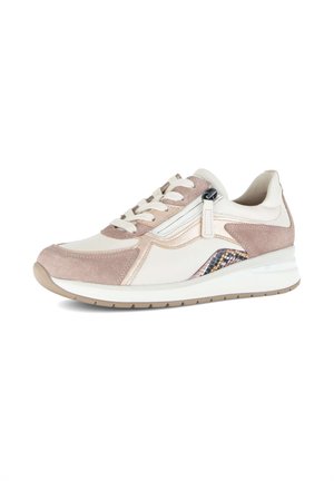 Low-top sneaker with beige suede and white leather panels, side zipper, laces, and a patterned accent near the sole.