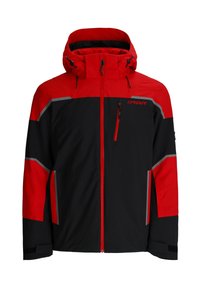 Giacca invernale rossa e nera con cappuccio, zip frontale, tasca sul petto con zip e strisce riflettenti grigie sulle maniche e sul petto.