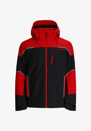 Giacca invernale rossa e nera con cappuccio, zip frontale, tasca sul petto con zip e strisce riflettenti grigie sulle maniche e sul petto.