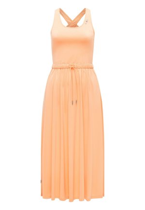 Pfirsichfarbenes ärmelloses Maxikleid mit tailliertem Oberteil, überkreuzten Trägern am Rücken, elastischem Taillenbund mit Kordelzug und fließendem Rock.