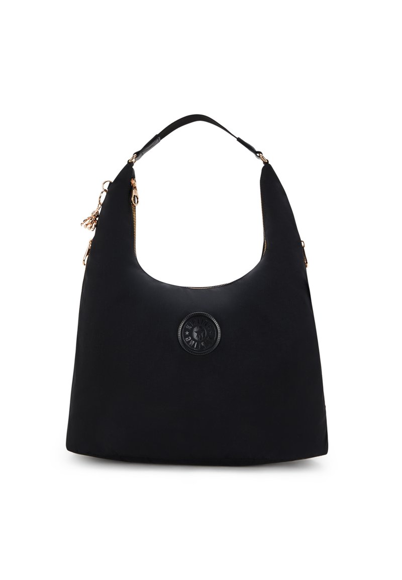 Borsa hobo nera con silhouette arrotondata, tessuto liscio, patch con logo prominente e dettagli in hardware dorato. Scomparti con zip sui lati.