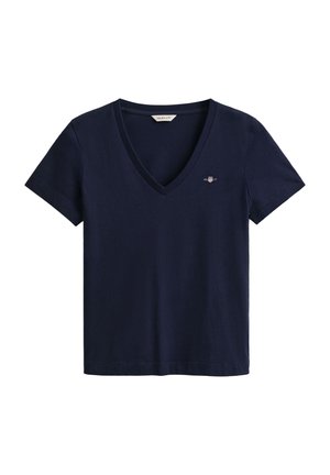 Marineblauw katoenen t-shirt met een V-hals en korte mouwen, voorzien van een klein geborduurd logo op de linkerborst. Zachte textuur, casual ontwerp.