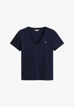 Marineblauw katoenen t-shirt met een V-hals en korte mouwen, voorzien van een klein geborduurd logo op de linkerborst. Zachte textuur, casual ontwerp.