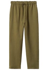 Oliwkowe spodnie lniane z elastycznym pasem i sznurkiem, o luźnym kroju i prostych nogawkach.