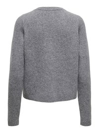 Vista trasera de un suéter de punto gris liso, de manga larga, con puños y dobladillo acanalados.