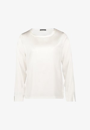 Langärmelige Bluse aus glattem weißem Satin, mit rundem Ausschnitt und seitlichen Schlitzen an den Ärmeln für mehr Bewegungsfreiheit.