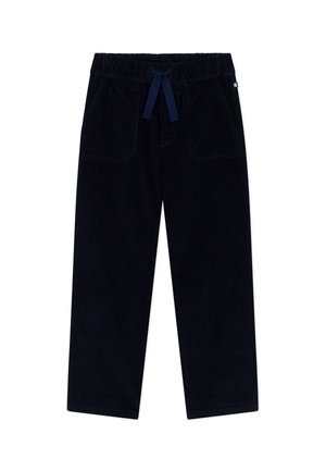 Pantalons en velours côtelé marine avec une taille élastique et un cordon de serrage, dotés de deux poches avant et d'une texture lisse.