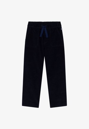 Marineblauwe ribfluwelen broek met een elastische tailleband en trekkoord, voorzien van twee voorzakken en een gladde textuur.