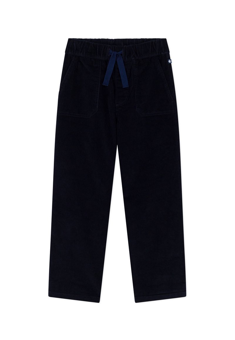 Pantaloni in corda blu navy con vita elasticizzata e cordoncino, dotati di due tasche frontali e una superficie liscia.