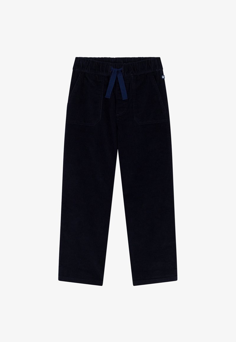 Marineblauwe ribfluwelen broek met een elastische tailleband en trekkoord, voorzien van twee voorzakken en een gladde textuur.