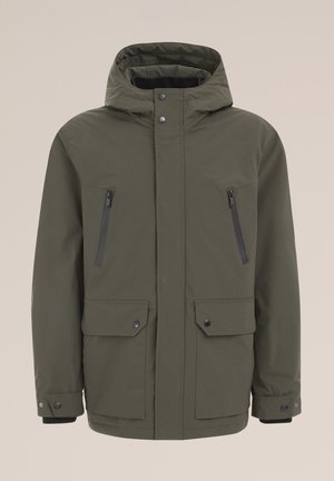 Olive roheline isoleeritud jakk kapuutsiga, millel on kaks tõmblukuga rinna taskut, kaks esist taskut klapiga ja nööbid. Sile tekstuur.