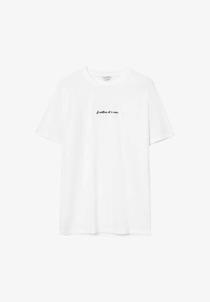 T-shirt bianca in cotone con maniche corte e scollatura rotonda. Testo in stampa corsiva nera nell'area sinistra del petto.