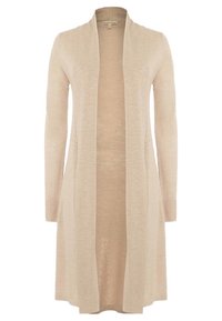 Lång, beige kardigan i mjukt stickat material; öppen frontdesign; ribbad textur; medellång med långa ärmar och utan knäppningar.