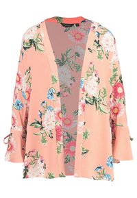 Lättvikts, korallfärgad kimono med klockärmar. Har ett livfullt blommönster i rosa, blått och grönt. Öppen frontdesign.