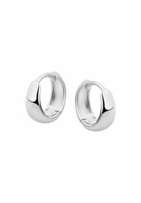 Srebrne kolczyki w kształcie kół o gładkim, zaokrąglonym designie i polerowanym wykończeniu. Każdy kolczyk ma bezpieczne zapięcie i subtelne akcenty.