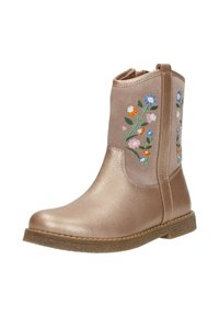 Pink metallic ankle boot with floral embroidery in blue, orange, and pink. Smooth leather texture, side zipper, and rubber sole.