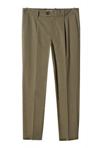 Pantalon homme olive sur-mesure avec plis sur le devant, poches latérales, passants pour ceinture et fermeture de la taille par bouton.