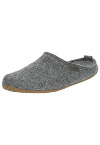 Pantofole grigie in feltro con punta arrotondata, texture morbida, apertura sul retro e suola in gomma con un motivo a battistrada per una migliore aderenza.