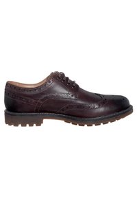 Chaussure brogue en cuir marron avec des détails en relief, bout rond et semelle robuste avec traction. Fermeture à lacets minimale à l'avant.