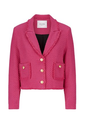 Roze cropped jacket van gestructureerde stof, met een gekarteld kraag, sluiting met vier goudkleurige knopen en twee zijzakken met vergelijkbare knopen.