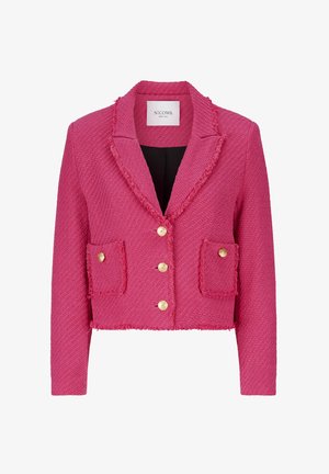Roze cropped jacket van gestructureerde stof, met een gekarteld kraag, sluiting met vier goudkleurige knopen en twee zijzakken met vergelijkbare knopen.