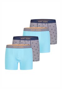 Vier Paare von Boxershorts: zwei einfarbige hellblaue, zwei gemusterte graue mit kleinen Palmen, alle mit einem marineblauen Bund, der "HAPPY SHORTS" trägt.