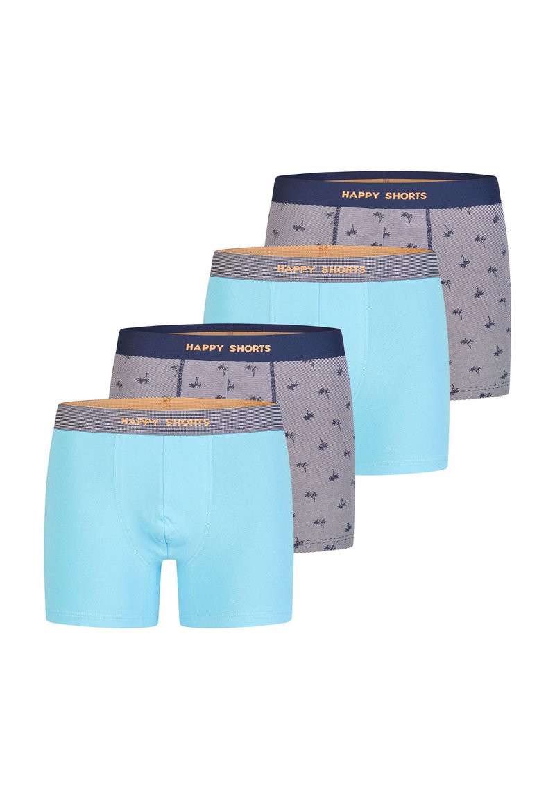 Vier Paare von Boxershorts: zwei einfarbige hellblaue, zwei gemusterte graue mit kleinen Palmen, alle mit einem marineblauen Bund, der "HAPPY SHORTS" trägt.