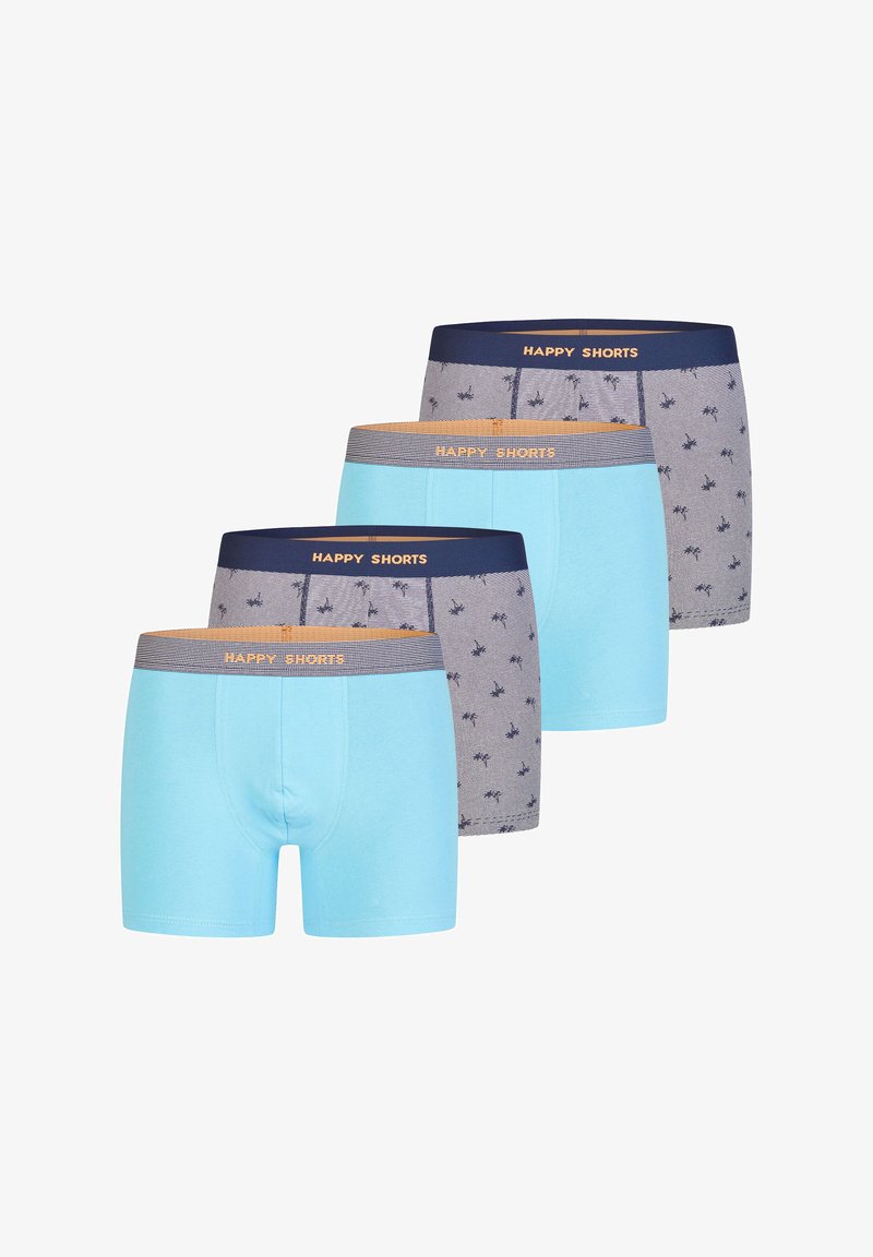 Vier Paare von Boxershorts: zwei einfarbige hellblaue, zwei gemusterte graue mit kleinen Palmen, alle mit einem marineblauen Bund, der "HAPPY SHORTS" trägt.