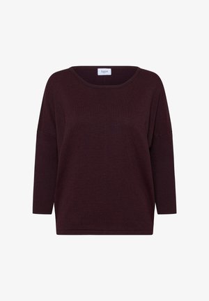 Bordeaux trui met een brede halslijn, driekwartmouwen, relaxte pasvorm, geribbelde manchetten en gebreide textuur. Het label zegt "Saint."