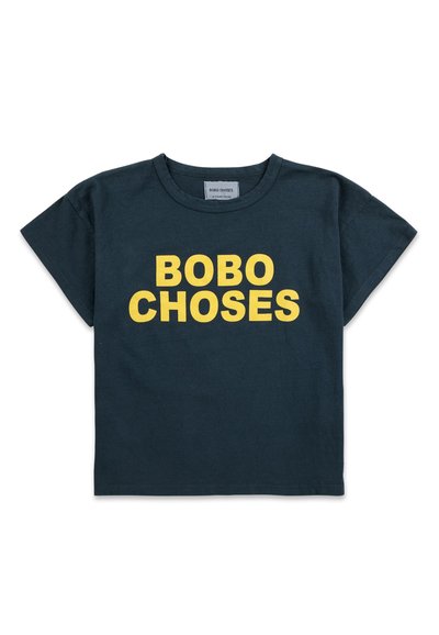 Dark blue cotton T-shirt with short sleeves and a crew neck. Features bold yellow text stating "BOBO CHOSES" across the front.