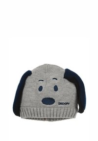 Cappello di lana grigio con orecchie in blu scuro, caratterizzato da un volto di cane con occhi e naso ricamati. Il testo "SNOOPY" si trova vicino al bordo inferiore.