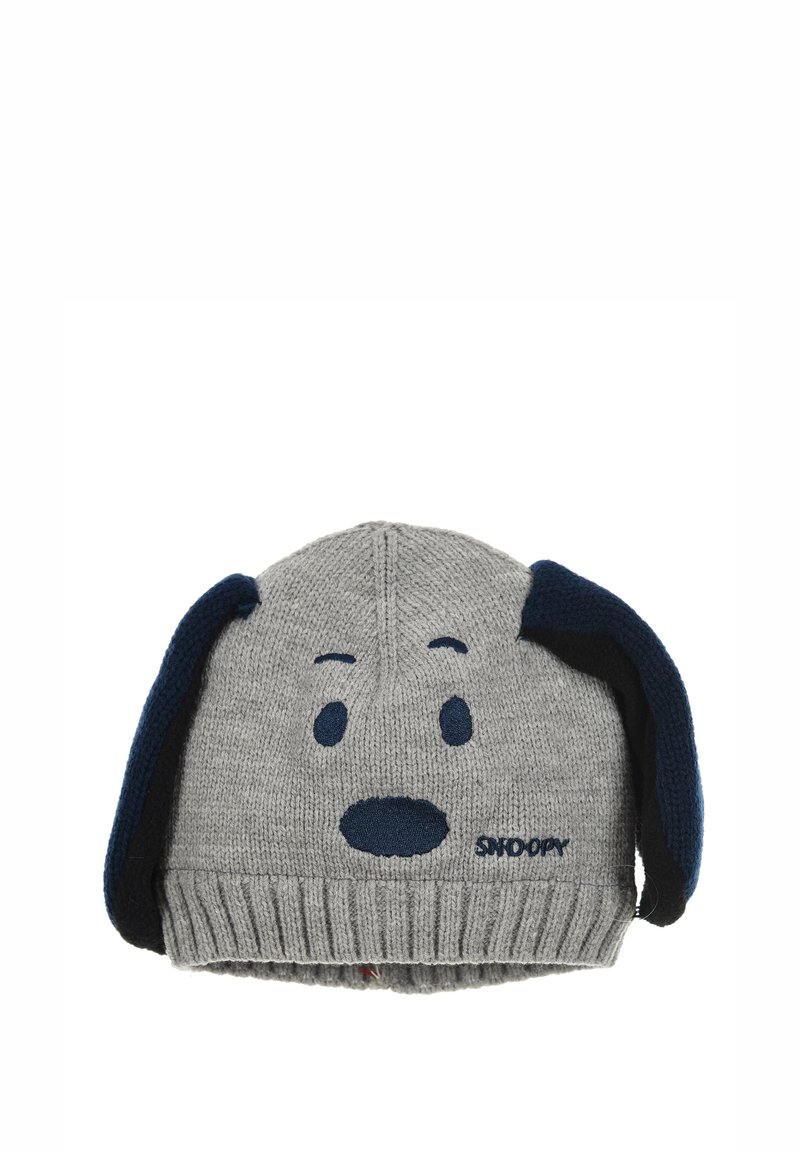 Gorro de punto gris con orejeras azul oscuro, que presenta una cara de perro con ojos y nariz bordados. El texto "SNOOPY" se encuentra cerca del borde inferior.
