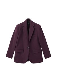 Blazer violet en tissu lisse, avec un col cranté, fermeture à un bouton et deux poches avant. Coupe structurée.