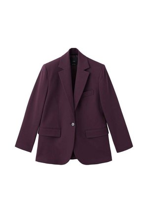 Blazer violet en tissu lisse, avec un col cranté, fermeture à un bouton et deux poches avant. Coupe structurée.