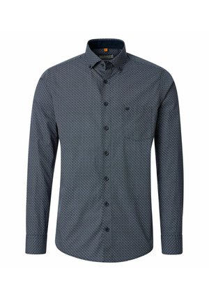 Chemise homme à manches longues bleu foncé avec un petit motif géométrique blanc et col boutonné.