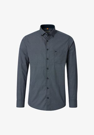 Herrenlangarmhemd in Dunkelblau mit kleinem weißen geometrischem Muster und Button-Down-Kragen.