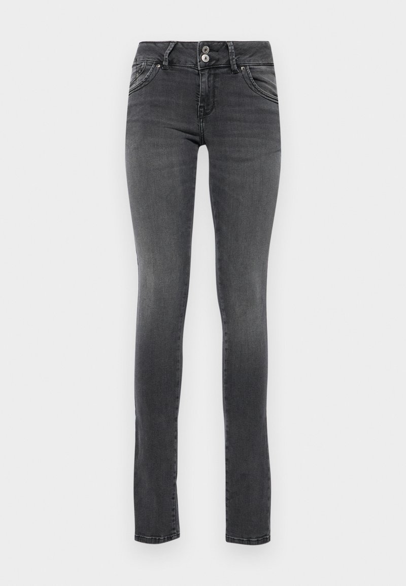 Skinny-fit jeans in dark gray denim. Features five pockets, dual button closure, and subtle fading. Smooth texture with minimal stitching details.