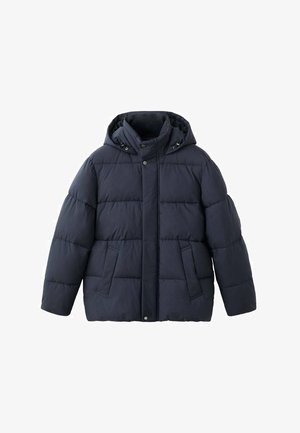 Granatowa kurtka puchowa z kapturem, z pikowanym wzorem, z zapięciem na zatrzaski z przodu oraz dwoma bocznymi kieszeniami. Gładka faktura i ocieplenie.