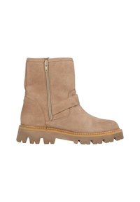 Tan mockasins med dragkedja, en rundad paneldesign och en texturerad gummisula med tjocka spår för bra grepp.